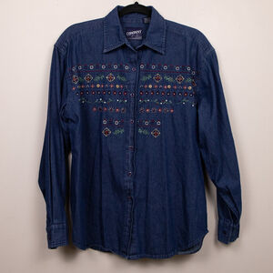 90s Company One floral embroidery chambray button down shirt-M